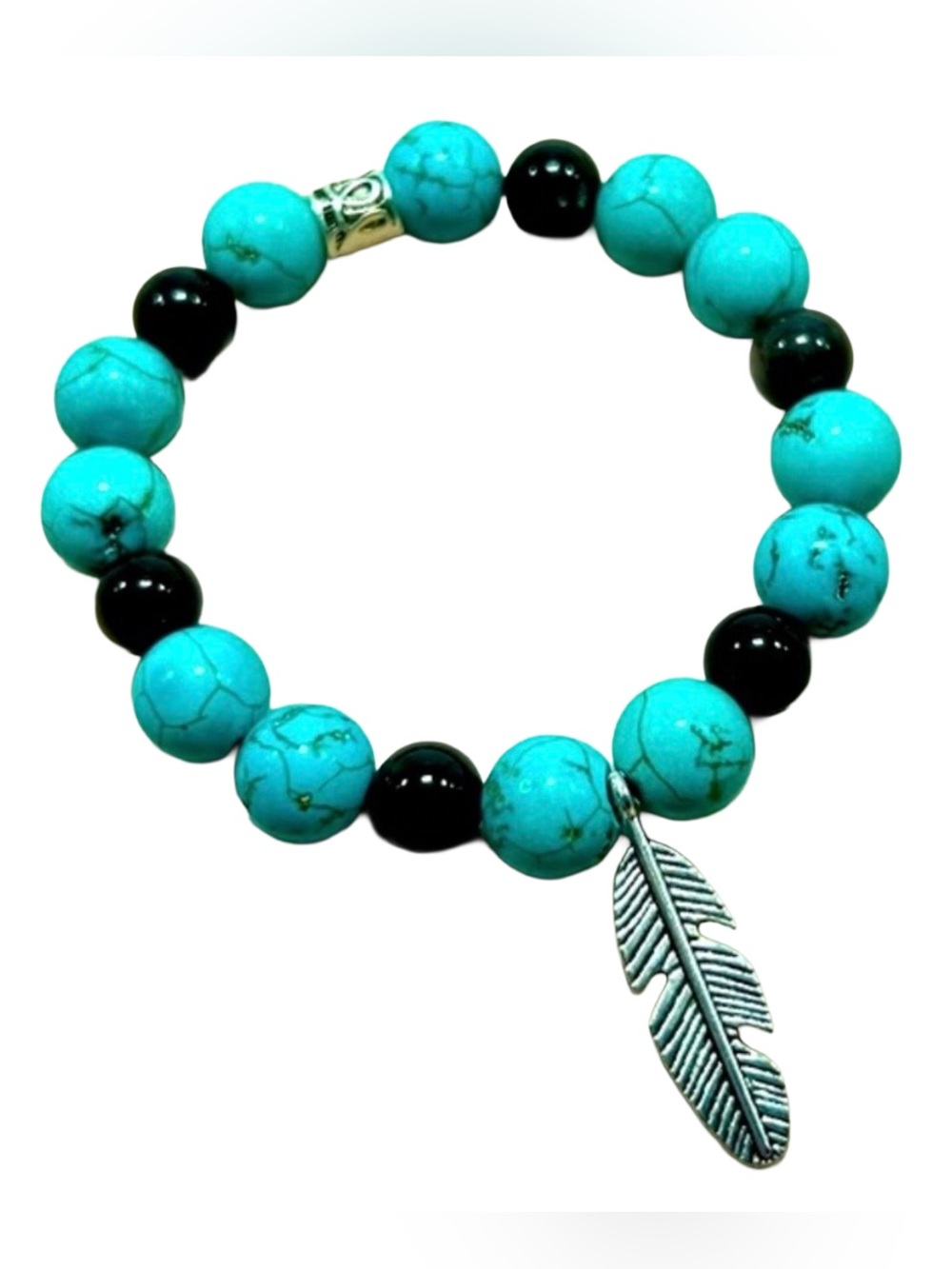 Handmade Feather Charm Bracelet with Natural Obsidian & Turquoise Stones!